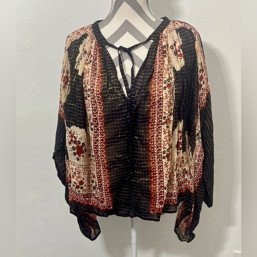 Mes Demoiselles Black and Gold Tunic Tie Front Blouse One Size